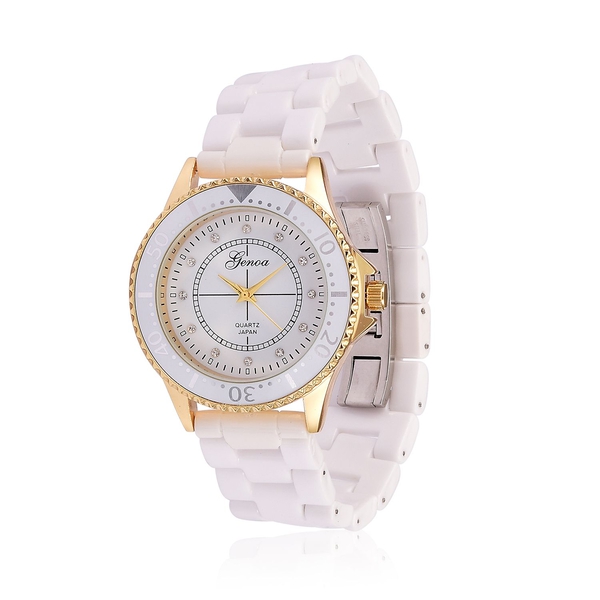 GENOA White Ceramic Gold Tone Japanese Movement, Water Resistant Watch Studded with Austrian Crystal