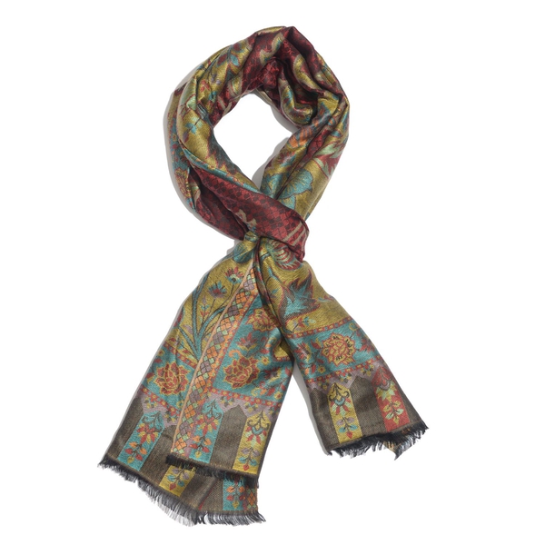100% Modal Red, Green and Multi Colour Floral Pattern Jacquard Scarf (Size 190x70 Cm)
