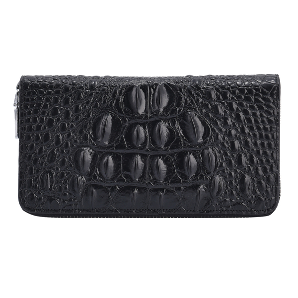 100% Genuine Leather Croc Embossed Wristlet with Zipper Closure (Size 20x11x2Cm) - Black