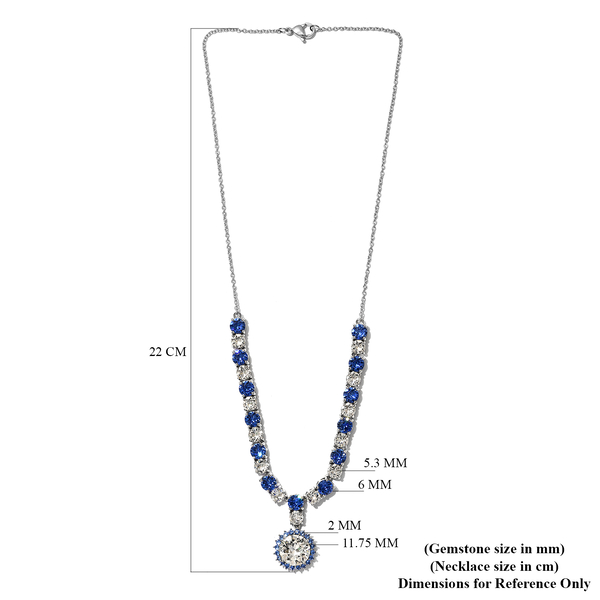 Lustro Stella White Crystal and Sapphire Colour Crystal Necklace (Size 18) in Silver Tone