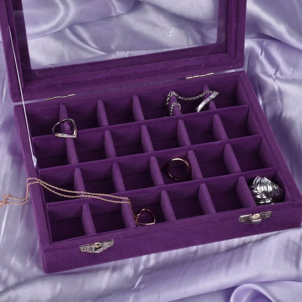 24 Sections Jewellery Box Organiser with Velvet Lining and Transparent Window (Size 20x15x4.5cm) - Purple