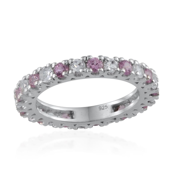Pink Sapphire (Rnd), White Topaz Full Eternity Ring in Platinum Overlay Sterling Silver 1.650 Ct.