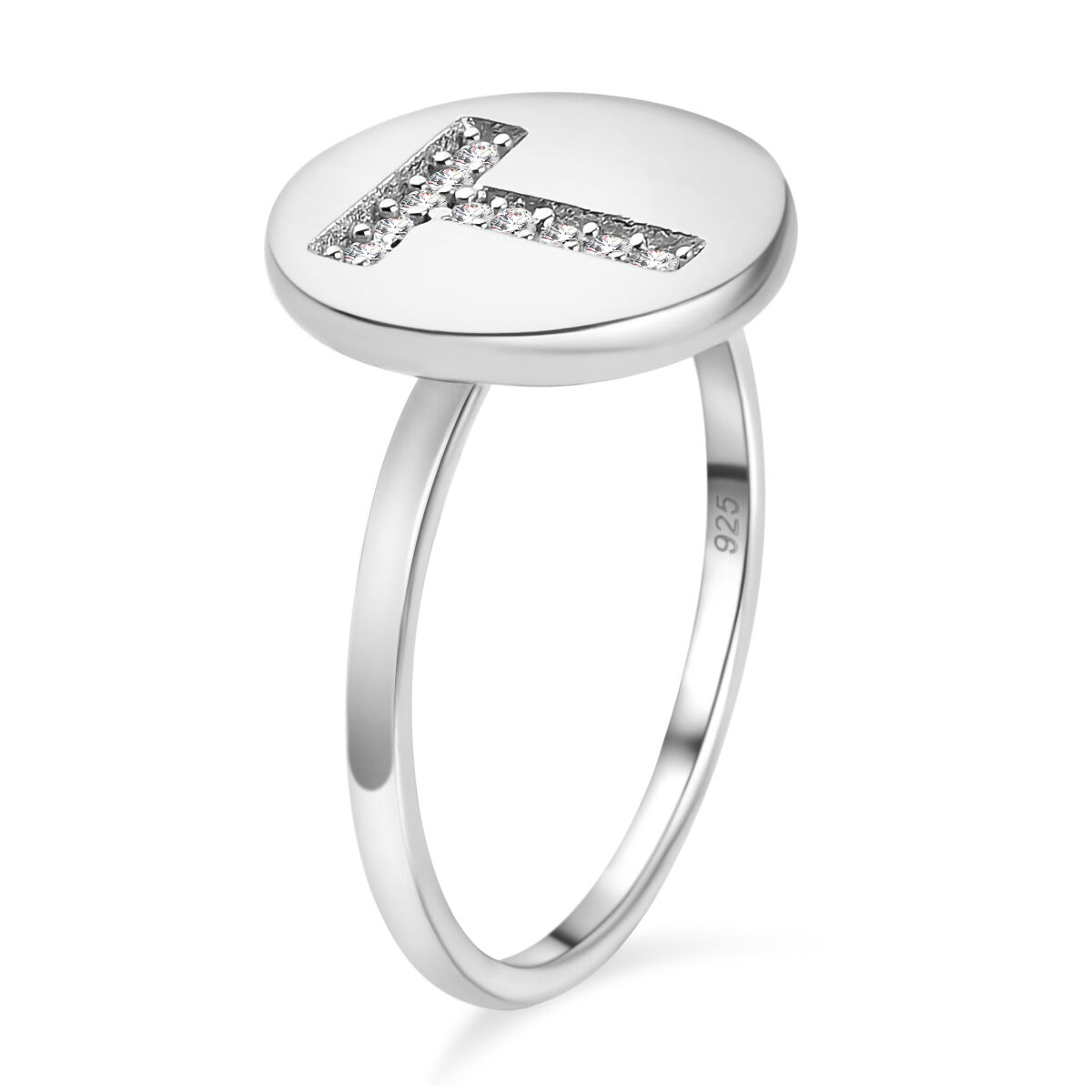 White Diamond Initial-T Ring in Platinum Overlay Sterling Silver