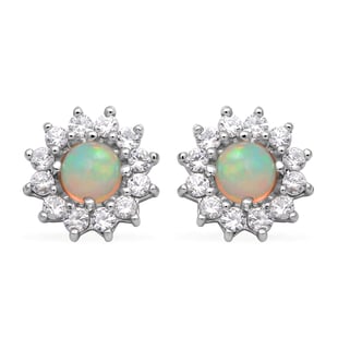 Ethiopian Welo Opal and Natural Cambodian Zircon Stud Earrings (With Push Back) in Rhodium Overlay S