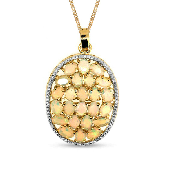 Ethiopian Welo Opal (Ovl 7.23 Ct), White Sapphire Pendant With Chain (Size 18) in 14K Gold Overlay S