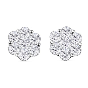 Moissanite Floral Stud Earrings (With Push Back) in Platinum Overlay Sterling Silver 1.53 Ct.