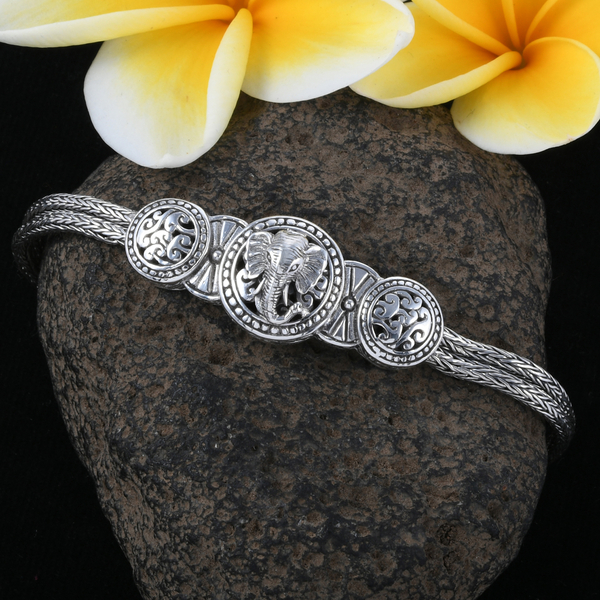 Royal Bali Collection - Sterling Silver Elephant Tulang Naga Bracelet (Size 7.5) with T Lock, Silver wt 20.00 Gms.