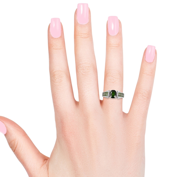 Chrome Diopside (Cush 1.500 Ct), Natural White Cambodian Zircon Ring in Rhodium Overlay Sterling Silver 2.170 Ct.