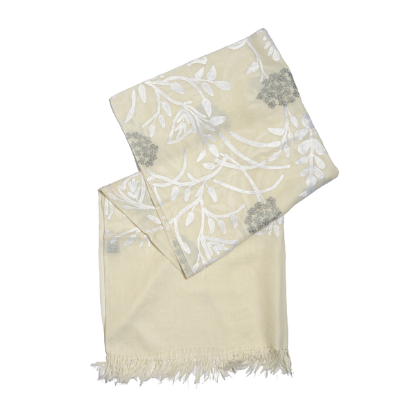 Limited Edition- Designer Inspired 100% Merino Wool White and Grey Colour Floral and Leaves Embroidered Shawl (Size 170X70 Cm)