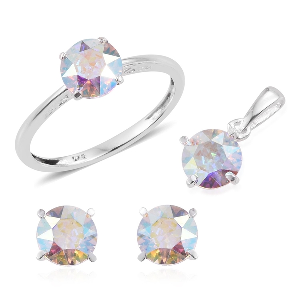 Lustro Stella  - AB Crystal (Rnd) Solitaire Ring, Pendant and Stud Earrings (with Push Back) in Ster