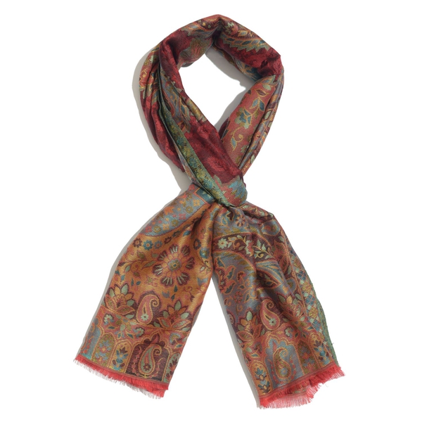 100% Superfine Modal Red and Multi Colour Floral and Paisley Pattern Jacquard Scarf (Size 190x70 Cm)