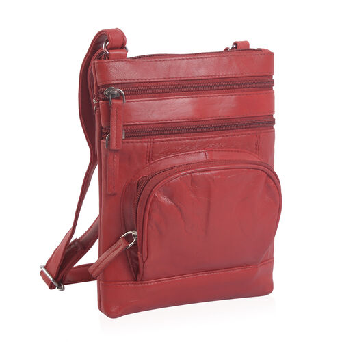 Super Soft 100% Genuine Leather Red Colour Multi Compartments Crossbody Bag (Size 22x18 Cm ...