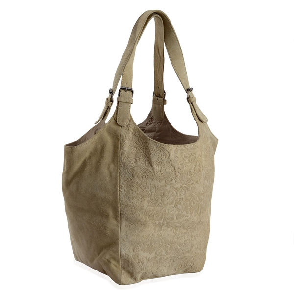 Genuine Leather Flowers and Leaves Embossed Beige Colour Tote Bag (Size 47x33 Cm)
