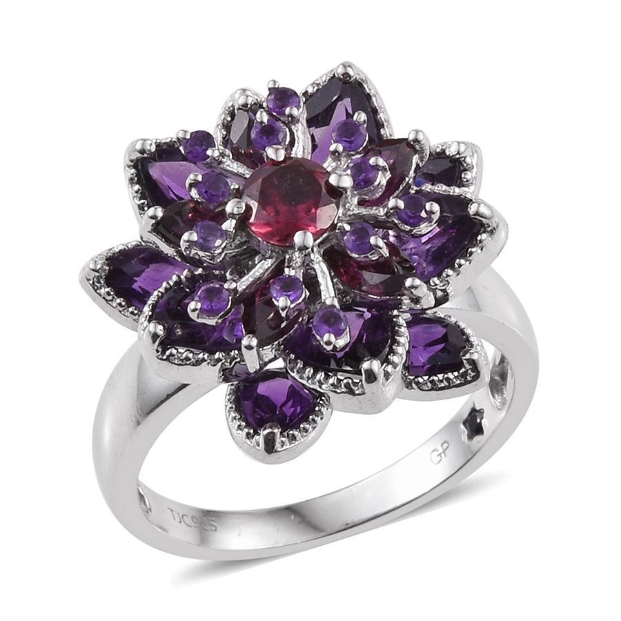 GP Rhodolite Garnet (Rnd 0.75 Ct), Amethyst and Kanchanaburi Blue Sapphire Floral Ring in Platinum O