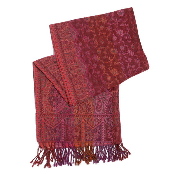 One Time Deal Designer Inspired 100% Merino Wool Brown and Multi Colour Paisley Pattern Scarf with Fringes (Size 180x70 Cm)