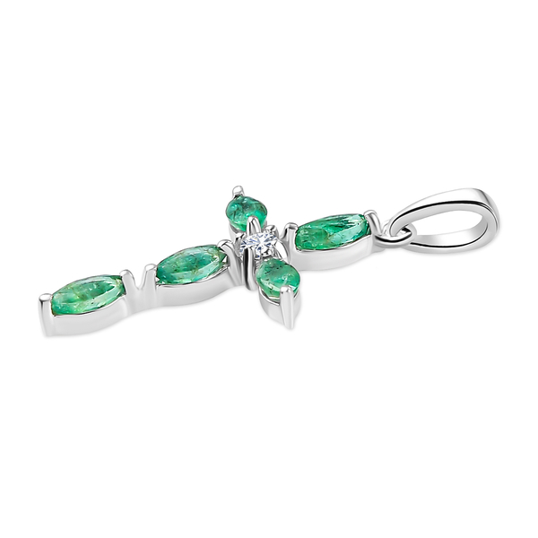 Premium Emerald and Natural Cambodian Zircon Cross Pendant in Platinum Overlay Sterling Silver