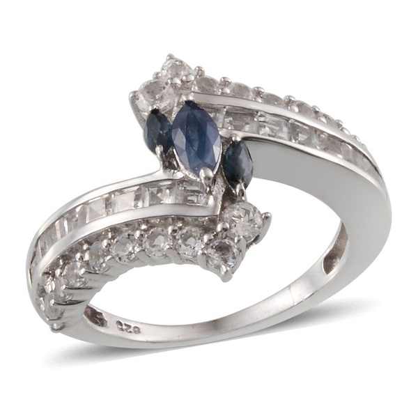 Kanchanaburi Blue Sapphire (Mrq), White Topaz Crossover Ring in Platinum Overlay Sterling Silver 2.5
