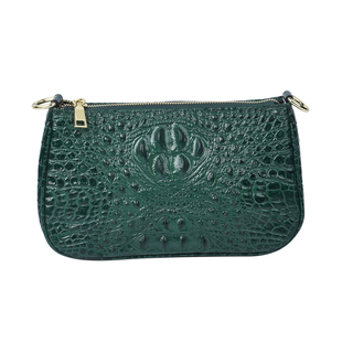 Genuine Leather Crocodile Skin Pattern Hobo Bag with Handel and Shoulder Strap - Green