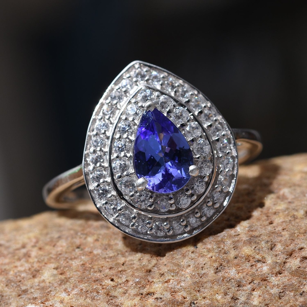 Tanzanite (Pear 1.35 Ct), Natural Cambodian Zircon Ring in Platinum Overlay Sterling Silver 2.250 Ct.