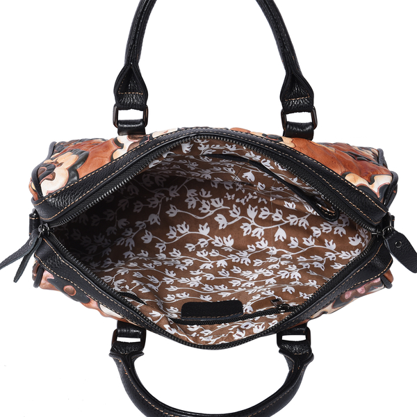 100% Genuine Leather Embossed Floral Pattern Satchel Bag (Size 31x9x21cm) - Brown and Black