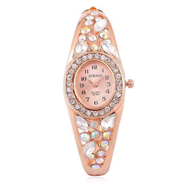 Designer Inspired - STRADA Japanese Movement Sunshine Dial Bangle Watch in Rose Gold Tone with White