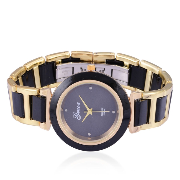 Diamond studded  GENOA Black Ceramic Japanese Movement Black Dial Water Resistant Watch in Gold Tone with Stainless Steel Back