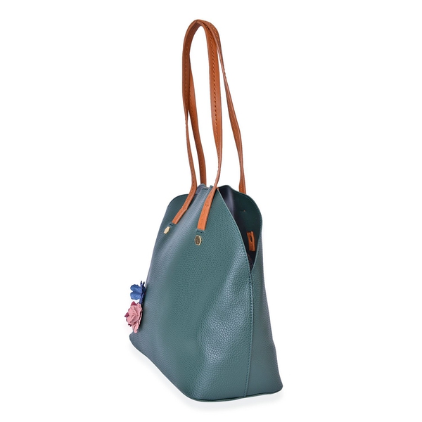 Set of 2 - Multi Colour 3D Flowers Embellished Green Colour Handbag (Size 34X29X15 Cm) and Pouch (Size 27X20X7 Cm)