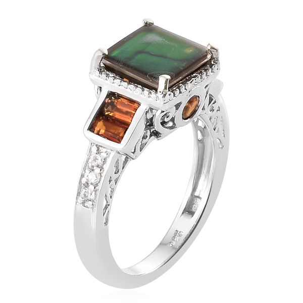 AA Canadian Ammolite (Sqr 8mm), Madeira Citrine and Natural White Cambodian Zircon Ring in Platinum Overlay Sterling Silver