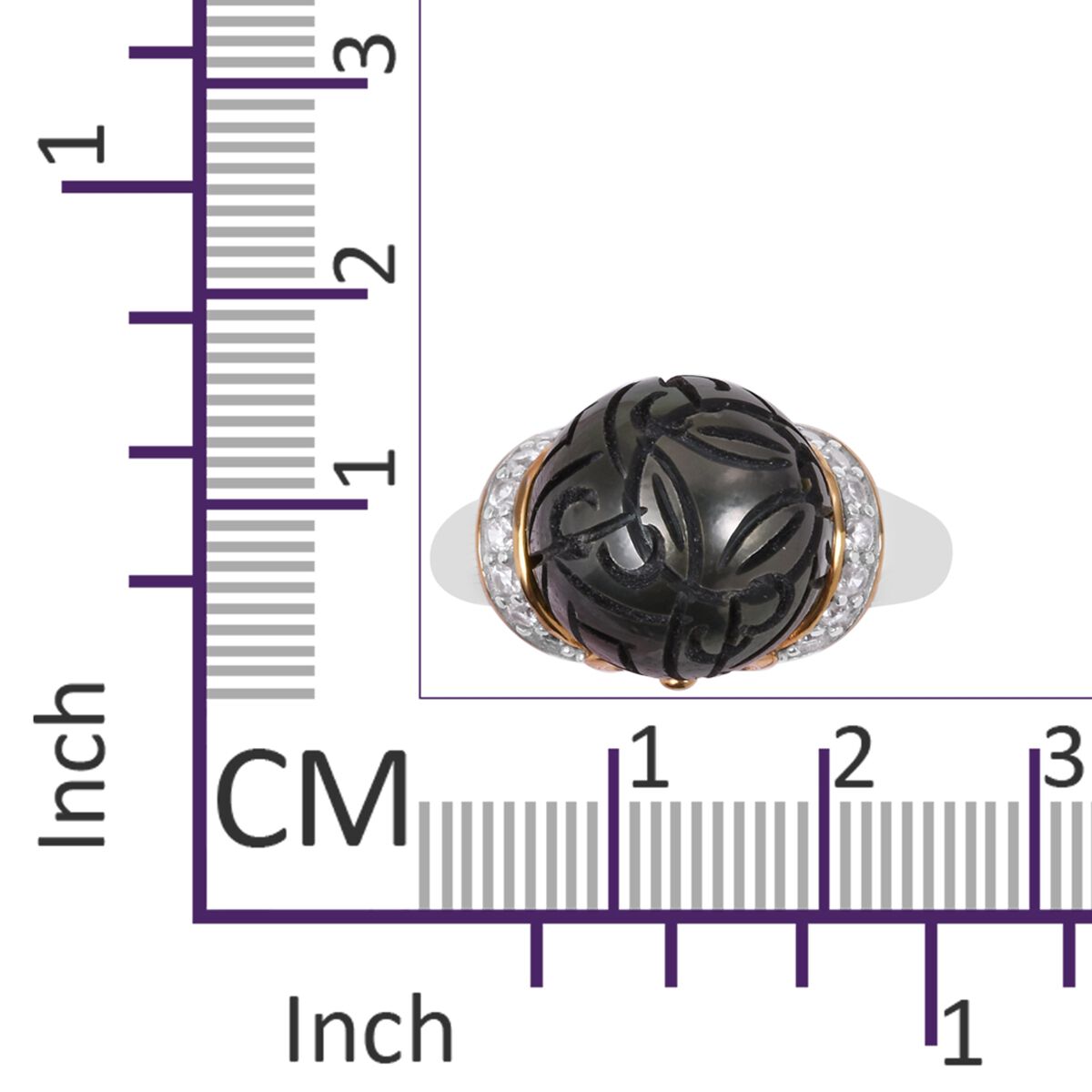 Tahitian Pearl (Rnd), Natural White Cambodian Zircon Ring in Rhodium and Gold Overlay Sterling Silver