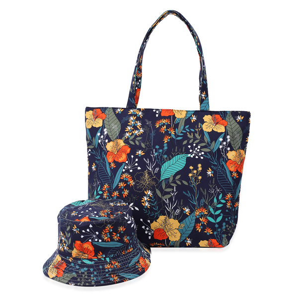 2 Piece Set - Viscose Handbag Floral Matching Stripe Pattern Hat Tote Bag and Zipper Closure - Navy & Multi