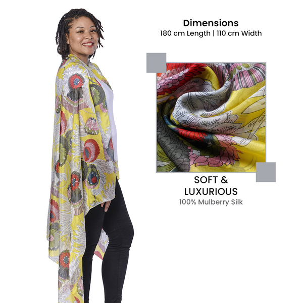 LA MAREY 100% Mulberry Silk Abstract Floral Pattern Scarf (180x110 cm) - Yellow and Multi