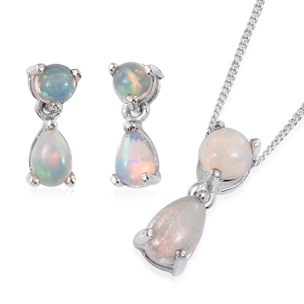 Ethiopian Welo Opal (Pear) Pendant With Chain and Earrings (with Push Back) in Platinum Overlay Ster