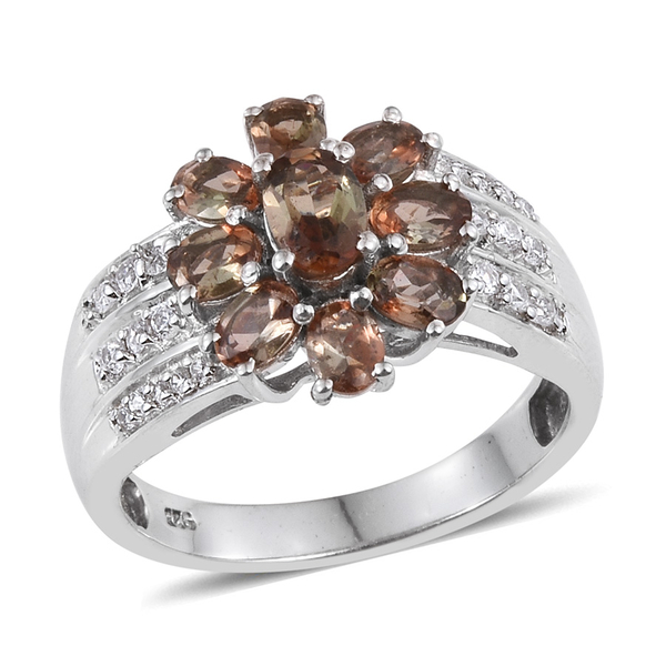 Jenipapo Andalusite (Ovl), Natural Cambodian Zircon Floral Ring in Platinum Overlay Sterling Silver 