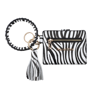 SENCILLEZ 100% Genuine Leather Zebra Pattern Bangle Key Chain with RFID Card Holder & Tassel in Blac