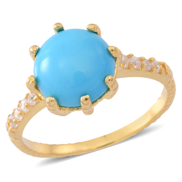 Arizona Sleeping Beauty Turquoise (Rnd 3.00 Ct), Natural White Cambodian Zircon Ring in Yellow Gold 