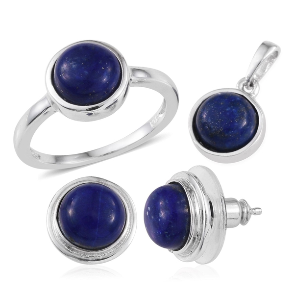Lapis Lazuli (Rnd) Solitaire Ring, Pendant and Stud Earrings in ION Plated Platinum Bond 10.000 Ct.