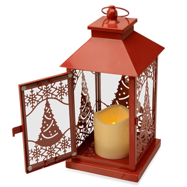 Reindeer and Snowflake Pattern Red Colour Lantern with Removable LED Candle (Size 28.5x14.5x14.5 Cm)