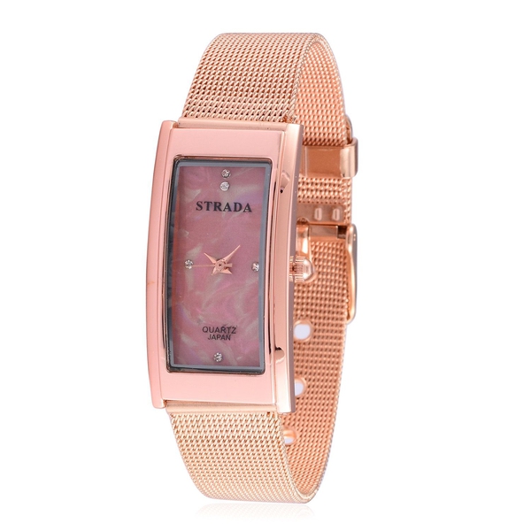 STRADA Japanese Movement White Austrian Crystal Studded Pink Dial Water Resistant Watch in Rose Gold