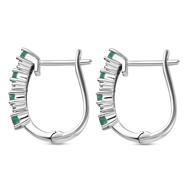 Premium Emerald and Natural Cambodian Zircon Hoop Earrings (With Clasp) in Platinum Overlay Sterling Silver