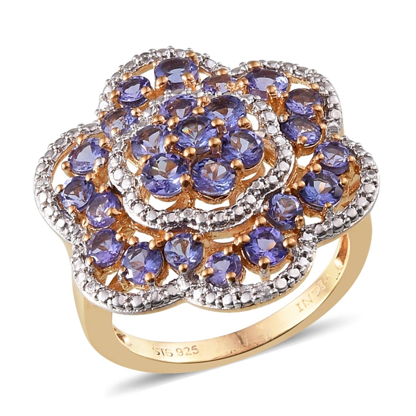 Tanzanite (Rnd), Natural Cambodian Zircon Floral Ring in 14K Gold Overlay Sterling Silver 2.500 Ct.
