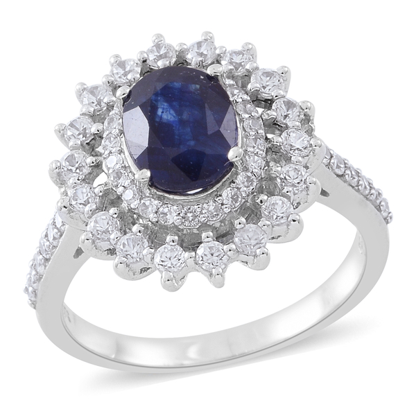 4.50 Ct Masoala Sapphire and Zircon Double Halo Ring in Rhodium Plated Silver