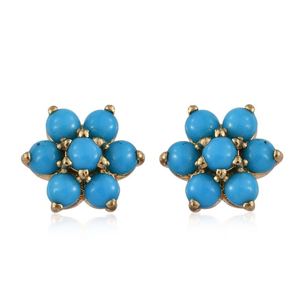 Arizona Sleeping Beauty Turquoise (Rnd) Floral Stud Earrings (with Push Back) in 14K Gold Overlay St