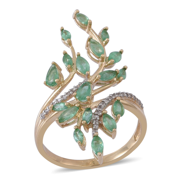 9K Yellow Gold AAA Kagem Zambian Emerald (Pear), Natural White Cambodian Zircon Leaves Crossover Rin