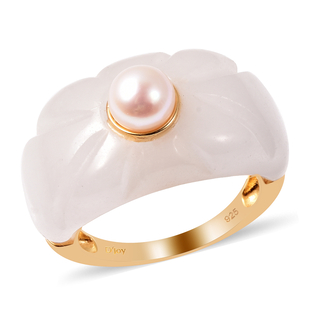 Japanese Akoya Pearl and White Jade Floral Ring in Yellow Gold Overlay Sterling Silver
