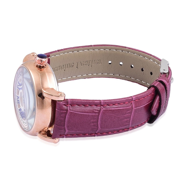 GENOA Automatic Skeleton Water Resistant Watch in Rose Gold Tone with Glass Back and Purple Colour Leather Strap