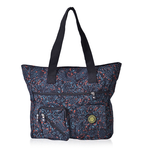 Red, Green and Multi Colour Leaves Pattern Black Colour Tote Bag With External Zipper Pocket (Size 3