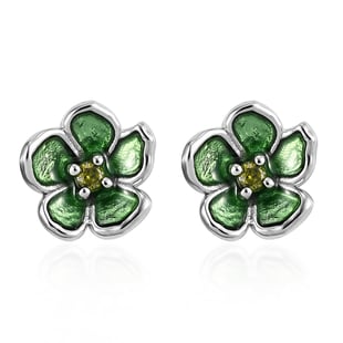 Simulated Hebei Peridot Floral Stud Enamelled Earrings (With Push Back) in Platinum Overlay Sterling