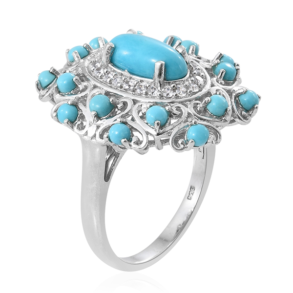 Arizona Sleeping Beauty Turquoise (Ovl and Rnd), Natural Cambodian Zircon Ring in Platinum Overlay Sterling Silver 3.750 Ct. Silver wt 7.00 Gms.