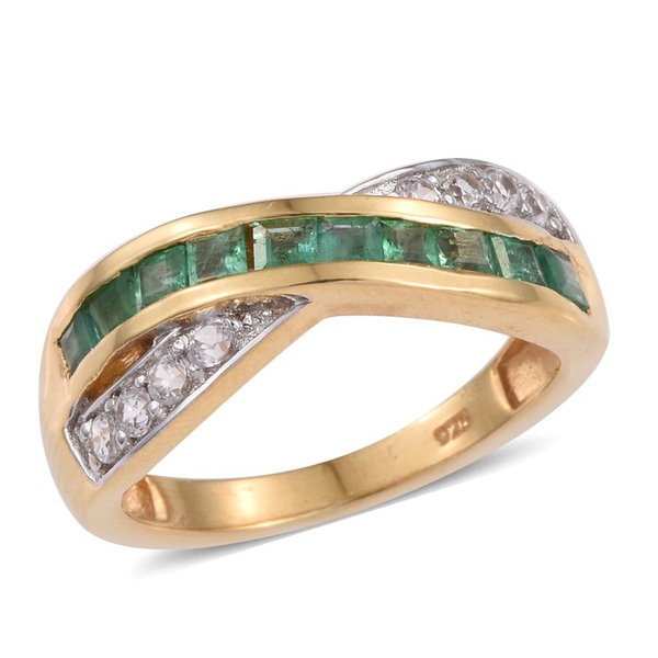Kagem Zambian Emerald (Sqr), Natural Cambodian Zircon Criss Cross Ring in 14K Gold Overlay Sterling 