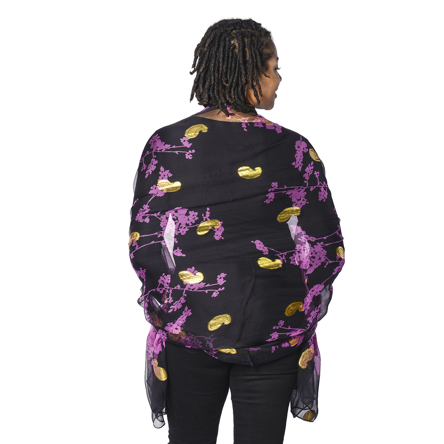 Close Out Deal- LA MAREY 100% Mulberry Silk Black nd Purple Scarf with Golden Embroidery(180x110cm)